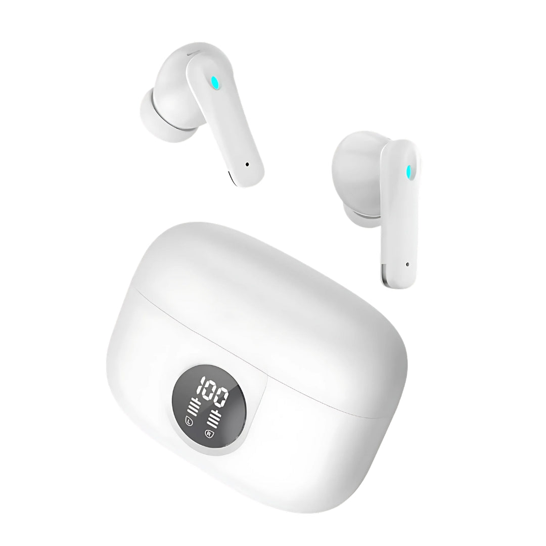 A pair of white IBU Truly Wireless Earbuds alongside their charging case, featuring a digital display on the front.