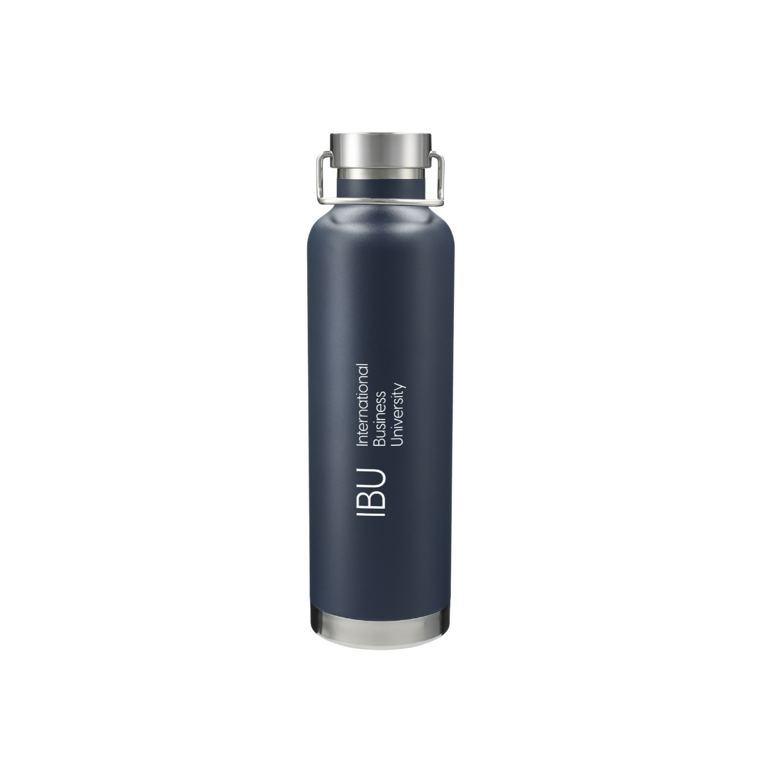 A standalone navy International Business University (IBU) thermal insulated bottle displayed against a white background.